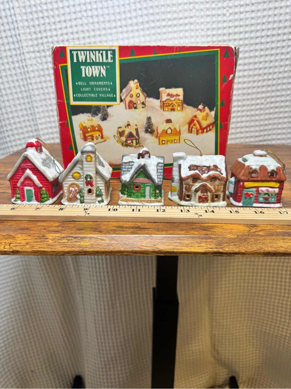 Vintage Twinkle Town, Porcelain Christmas Village Bell Ornament Light Cover, 5PC